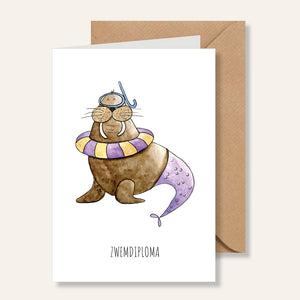 Wenskaart Zwemdiploma Walrus - Juulz Illustrations - A6 met envelop