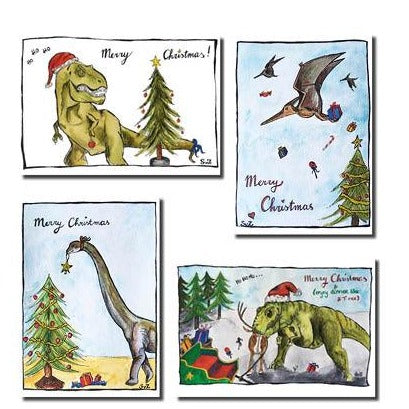 Kerstwenskaarten Dino's - Waterkunst - set van 4