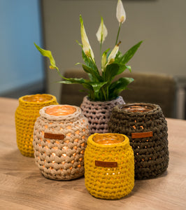 Upcycled potten -  handmade van gerecycled katoen & glas - M