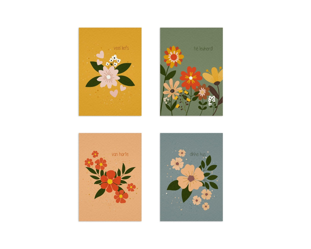Ansichtkaarten - set van 4 - bloemen en tekst